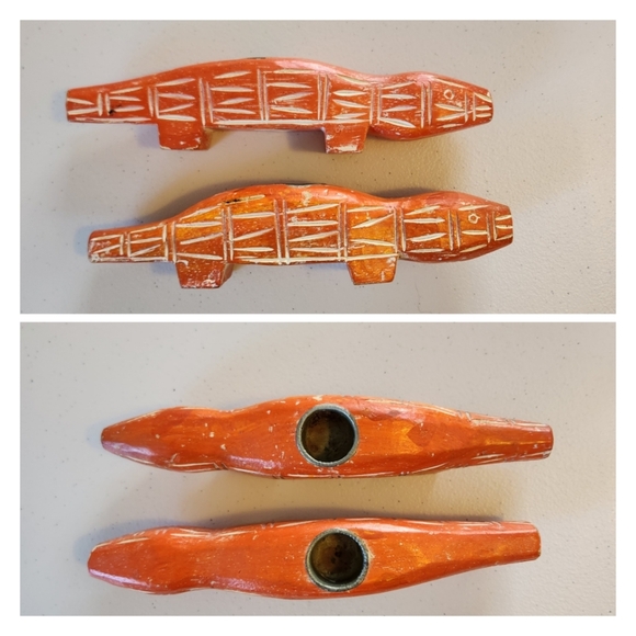 Vintage Pottery Barn Boho Whitewashed Orange Figural Lizard Wood Candle Holders - Picture 1 of 8